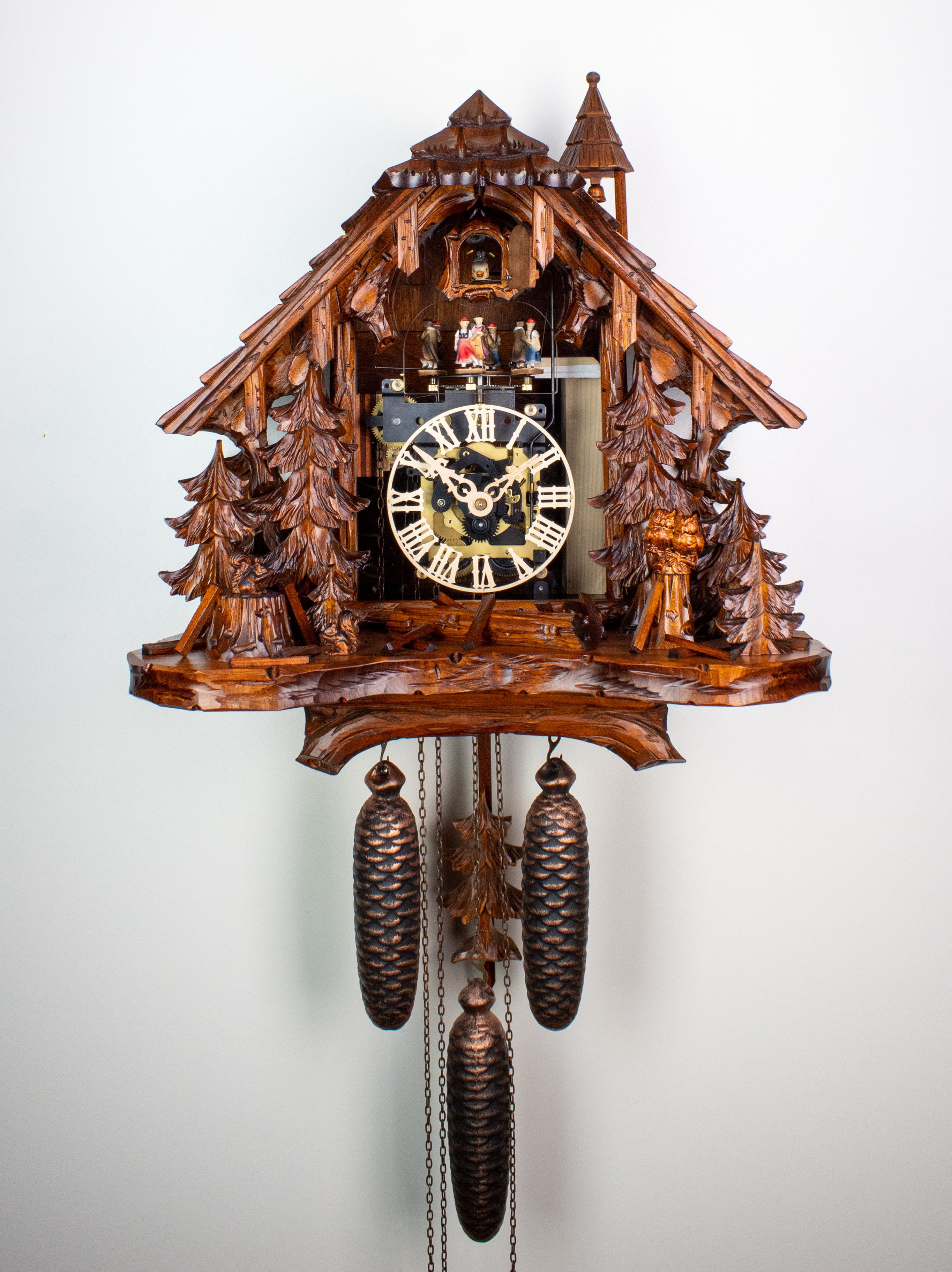 8 Tage Kuckucksuhr Schwarzwaldhaus mit Eule, Eichhörnchen mit Glasfront
