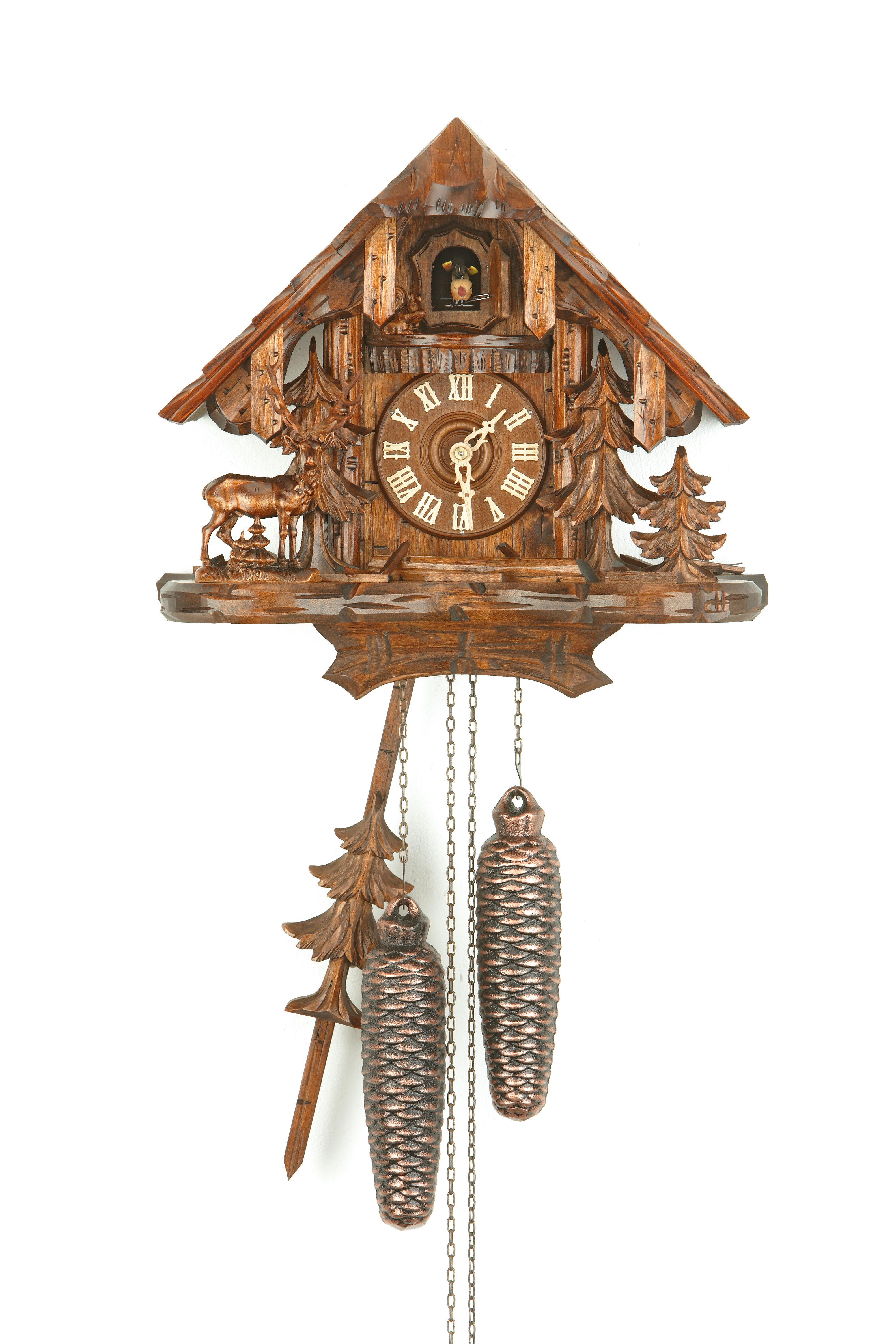 8 Tage Kuckucksuhr Schwarzwaldhaus mit Hirsch und Eichhörnchen